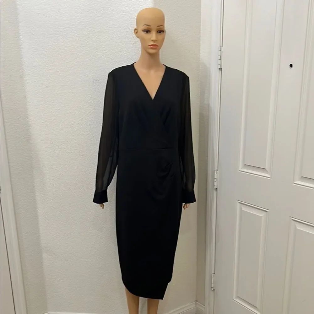 Tommy Hilfiger Black Sheath Dress VNeck Long Sheer Bishop Sleeves Ruched Waist